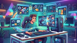 Современная иллюстрация с игровым оборудованием для статьи о лучших бесплатных программах по оптимизации игр