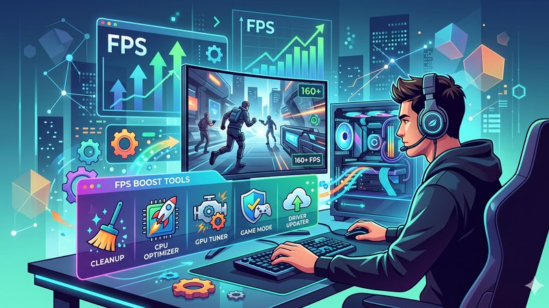 Современная иллюстрация с игровым компьютером и графиками производительности для статьи об оптимизации FPS в играх